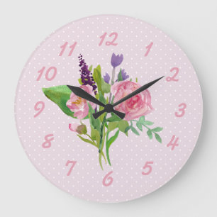 Pink Watercolor Flowers and Polka Dot Wall Clock