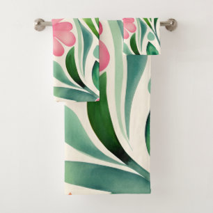 Pink Watercolor Flowers Art Bath Towel Set
