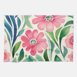 Pink Watercolor Flowers Art  Tea Towel