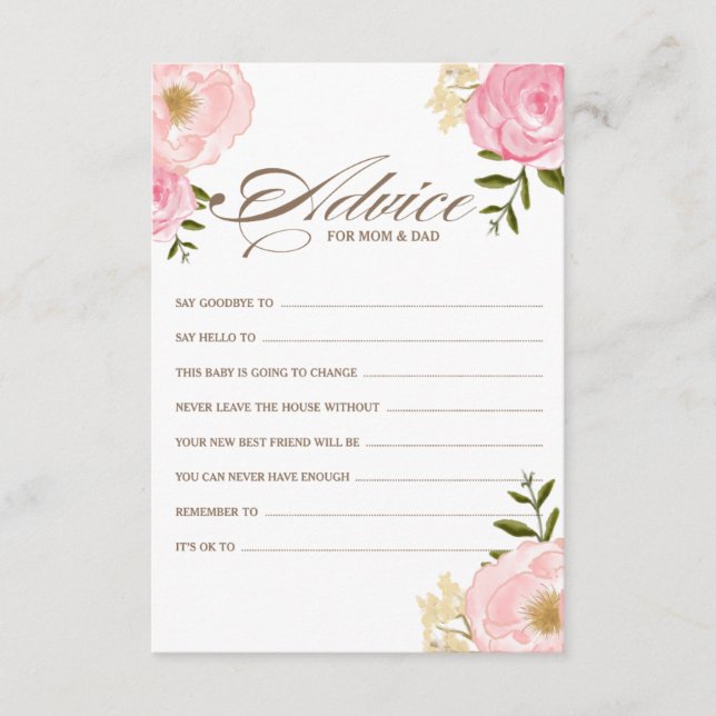Pink Watercolor Flowers Baby Shower Advice Card (Front)
