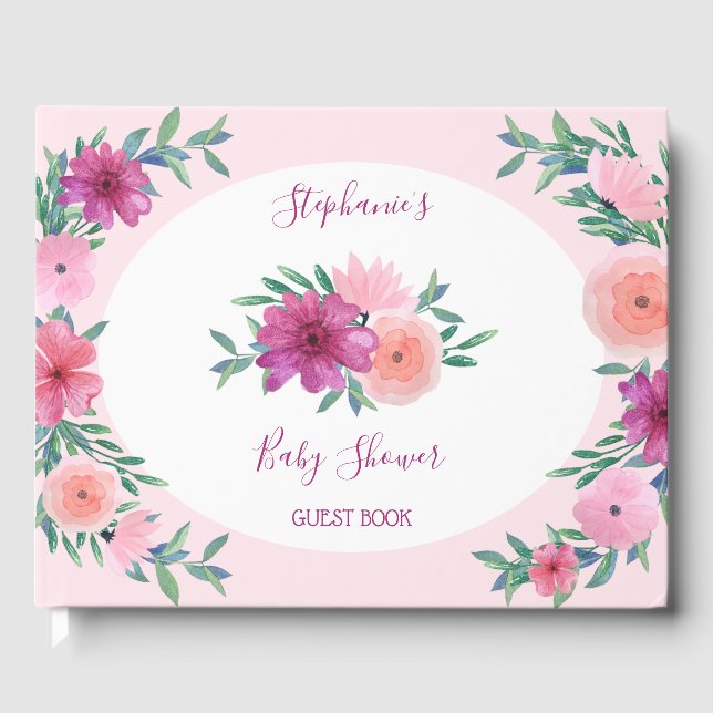 Pink Watercolor Flowers Baby Shower Personalised Guest Book (Front)