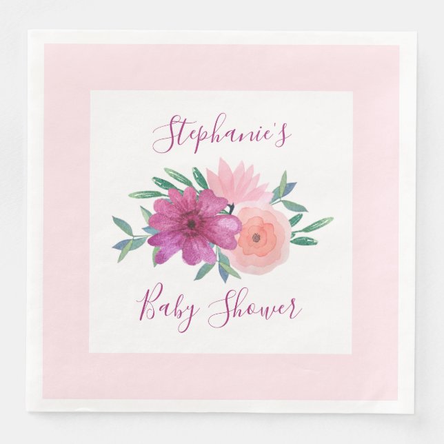 Pink Watercolor Flowers Baby Shower Personalised Napkin (Front)