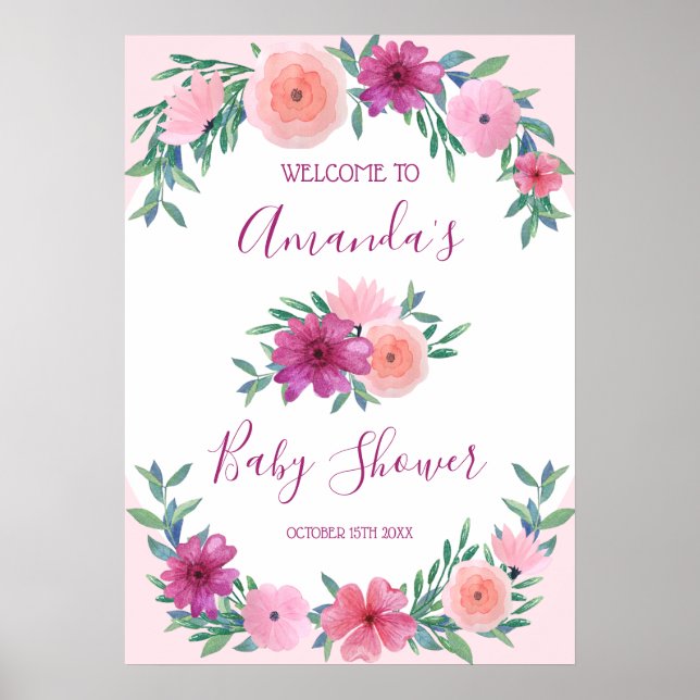 Pink Watercolor Flowers Baby Shower Personalised Poster (Front)