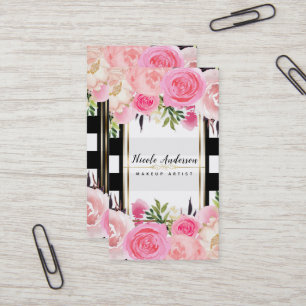 Pink Watercolor Flowers Black White Stripes Classy Business Card