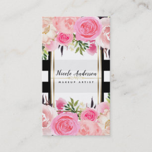 Pink Watercolor Flowers Black White Stripes Classy Business Card