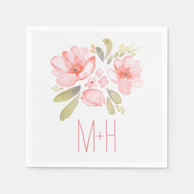 pink watercolor flowers bouquet wedding napkin (Front)
