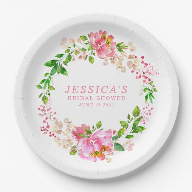 Pink Watercolor Flowers Bridal Shower Custom Paper Plate (Front)