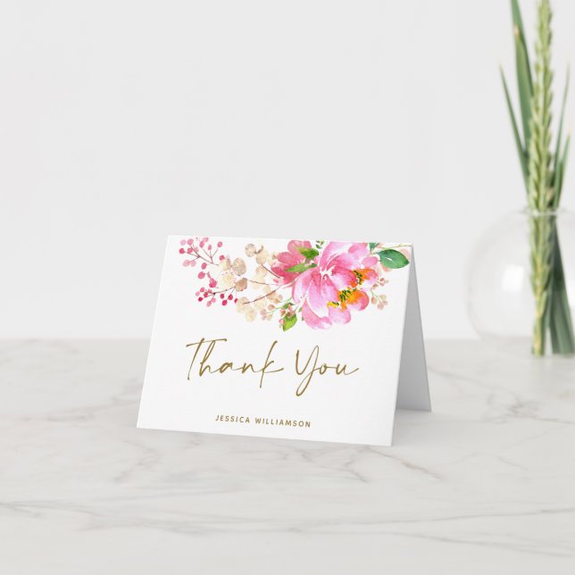 Pink Watercolor Flowers Bridal Shower Custom Thank You Card (Front)