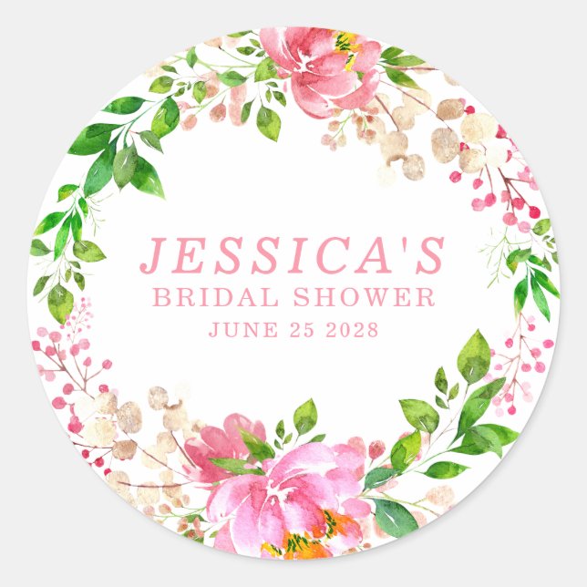 Pink Watercolor Flowers Bridal Shower Favour Classic Round Sticker (Front)