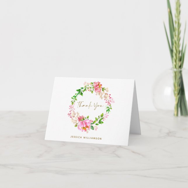 Pink Watercolor Flowers Bridal Shower Personalised Thank You Card (Front)