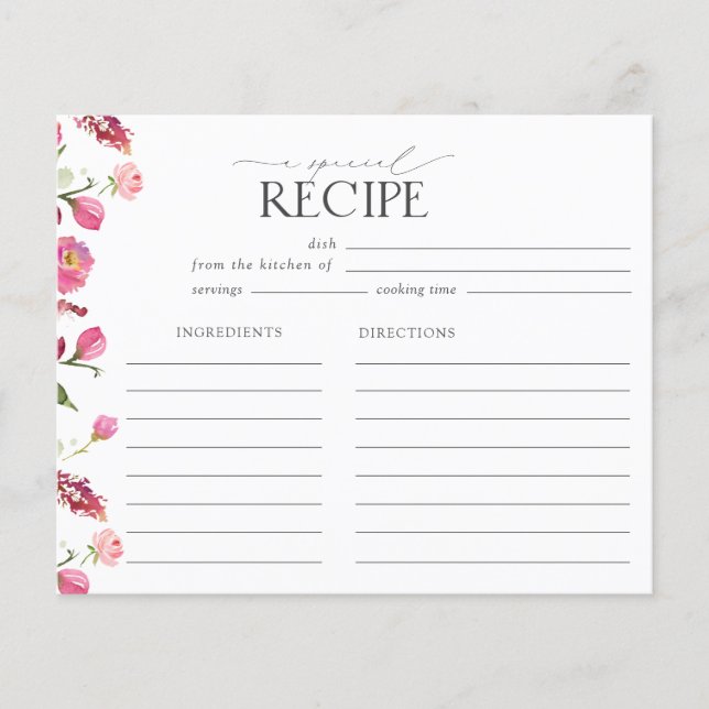 Pink Watercolor Flowers Bridal Shower Recipe Card (Front)
