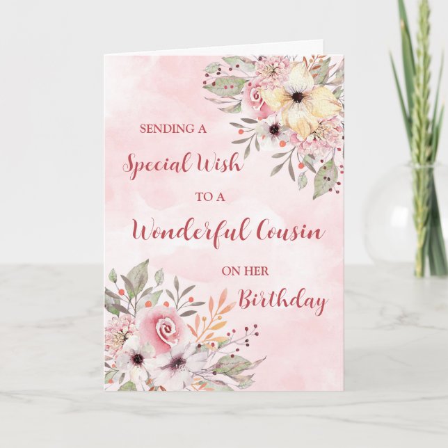 Pink Watercolor Flowers Cousin Birthday Card (Front)