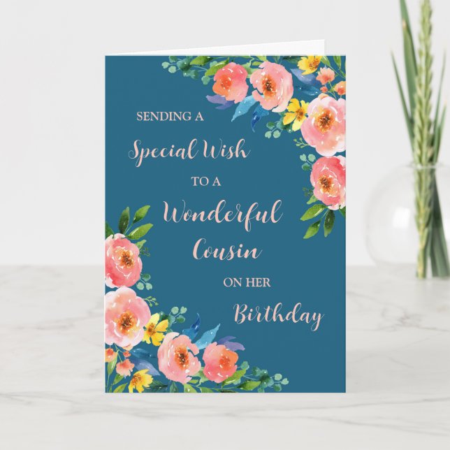 Pink Watercolor Flowers Cousin Birthday Card (Front)
