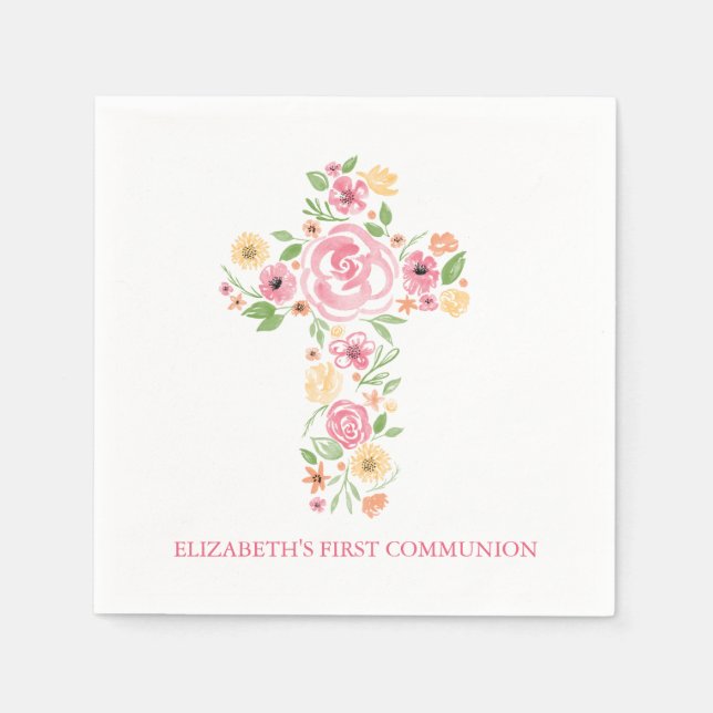 Pink Watercolor Flowers Cross First Communion Napkin (Front)