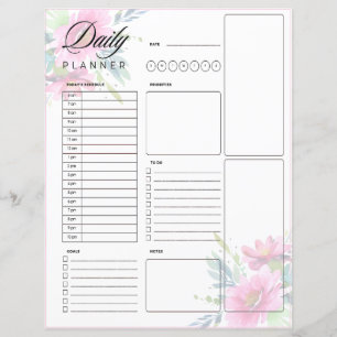 Pink watercolor flowers daily planner sheet