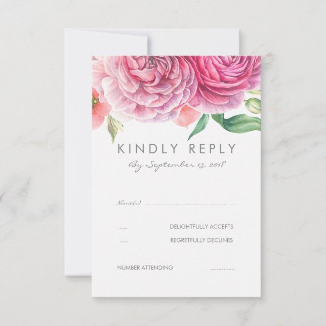 Pink Watercolor Flowers Elegant Wedding RSVP (Front)