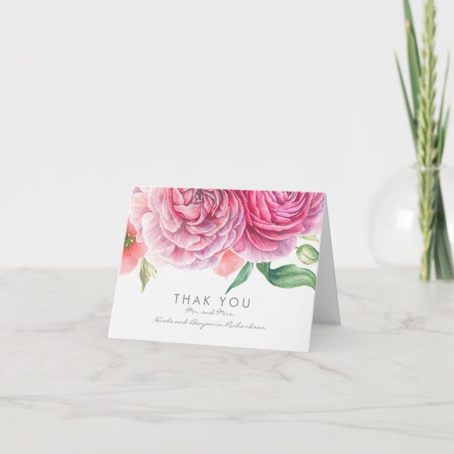 Pink Watercolor Flowers Elegant Wedding Thank You Card (Front)