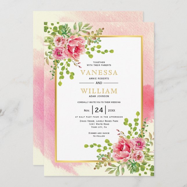 Pink watercolor flowers floral boho wedding invitation (Front/Back)
