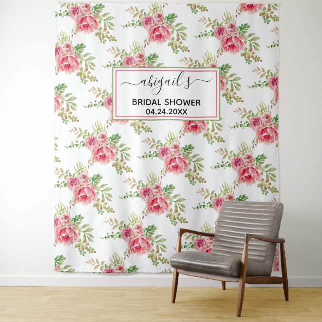 Pink watercolor flowers floral bridal shower tapestry (In Situ)
