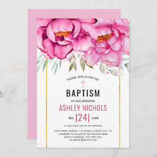 Pink watercolor flowers floral girl Baptism Invitation