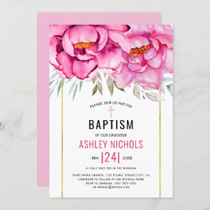 Pink watercolor flowers floral girl Baptism Invitation