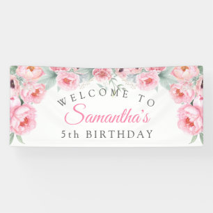 Pink watercolor Flowers, Girl Birthday Banner