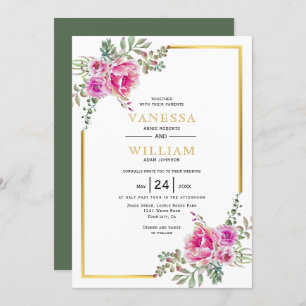 Pink watercolor flowers, gold frame floral wedding invitation