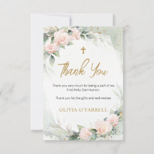 Pink Watercolor Flowers Greenery First Communion Thank You Card