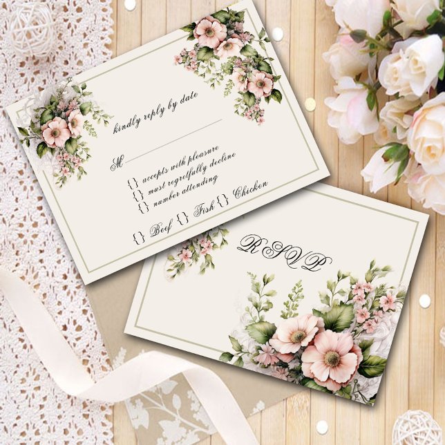 Pink Watercolor Flowers Greenery Vines Ferns RSVP Card (Creator Uploaded)
