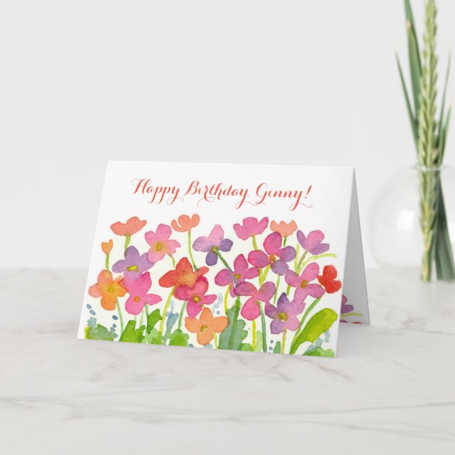 Pink Watercolor Flowers Happy Birthday Custom Name Card (Front)