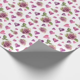 Pink Watercolor Flowers Hearts Wrapping Paper