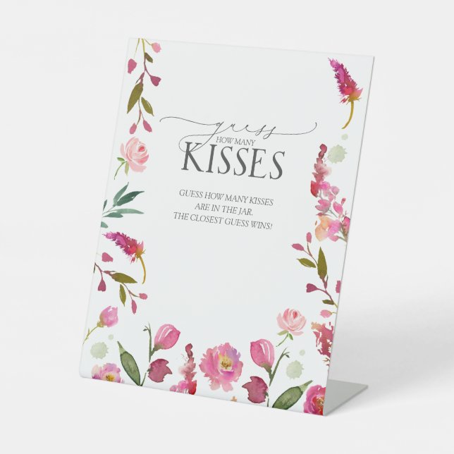 Pink Watercolor Flowers How Many Kisses Pedestal Sign (Front)