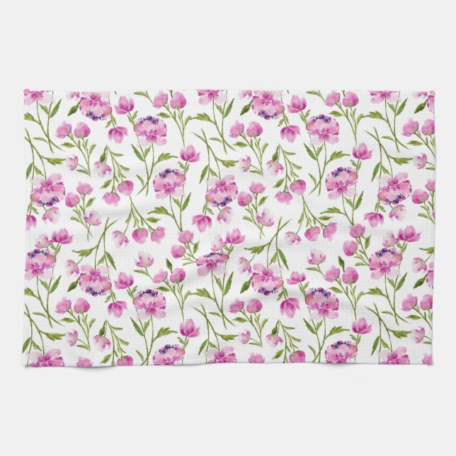 Pink Watercolor Flowers Kitchen Towel (Horizontal)