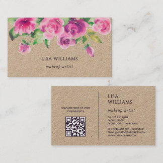Pink Watercolor Flowers Kraft Business Card