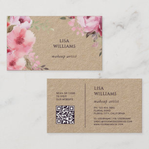 Pink Watercolor Flowers Kraft Business Card