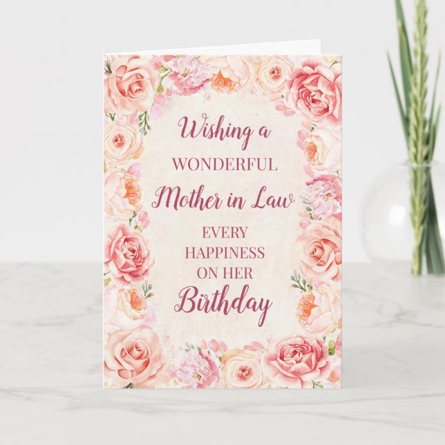 Pink Watercolor Flowers Mother in Law Birthday Card (Front)