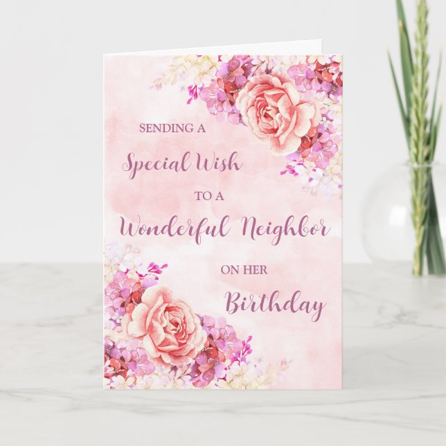 Pink Watercolor Flowers Neighbour Birthday Card (Front)