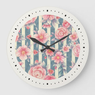 Pink Watercolor Flowers on Striped Pattern Large Clock