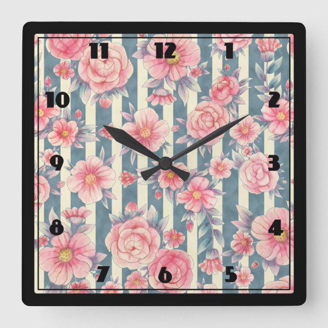 Pink Watercolor Flowers on Striped Pattern Square Wall Clock (Front)