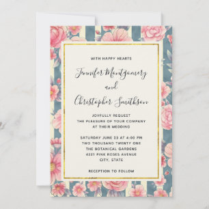 Pink Watercolor Flowers on Striped Pattern Wedding Invitation