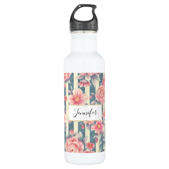 Pink Watercolor Flowers on Stripes 710 Ml Water Bottle (Front)