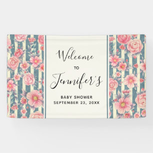 Pink Watercolor Flowers on Stripes Baby Shower Banner