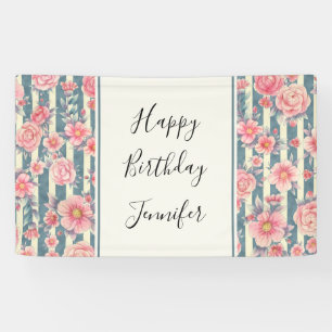 Pink Watercolor Flowers on Stripes Birthday Banner