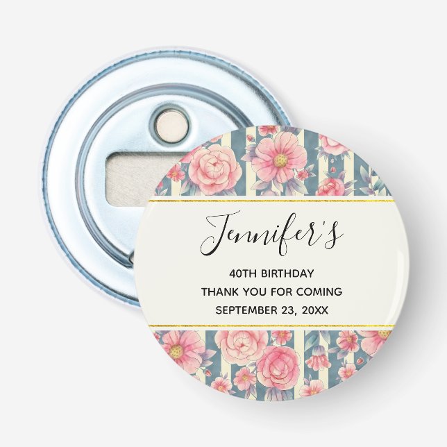Pink Watercolor Flowers on Stripes Birthday Bottle Opener (Front)