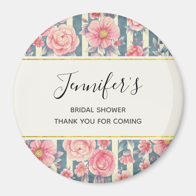 Pink Watercolor Flowers on Stripes Birthday Magnet (Front)