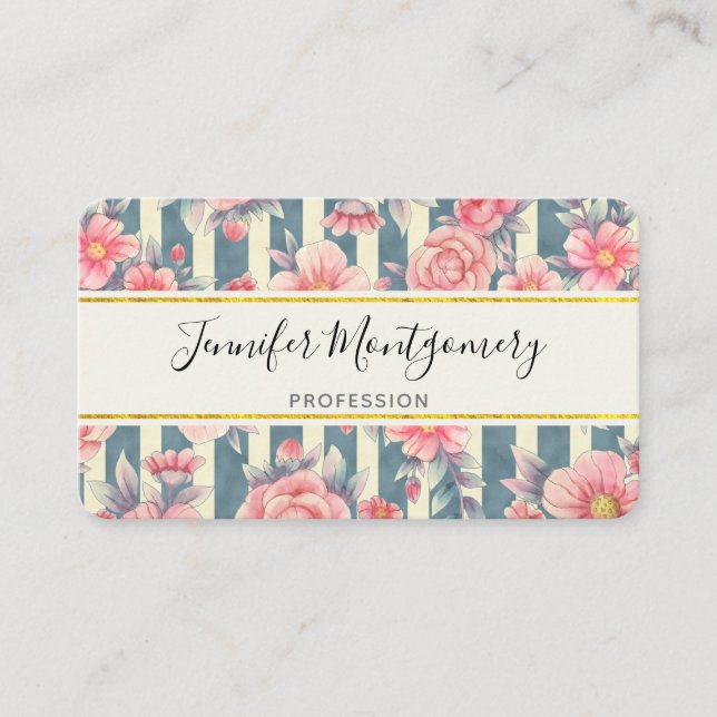 Pink Watercolor Flowers on Stripes Business Card (Front)