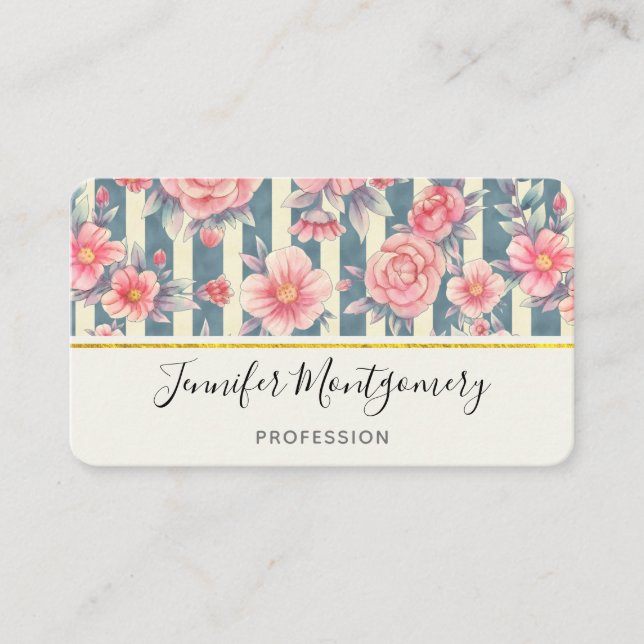 Pink Watercolor Flowers on Stripes Business Card (Front)