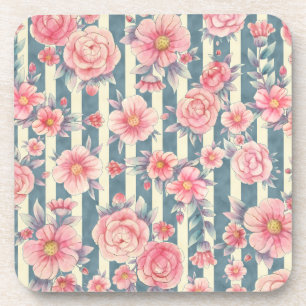 Pink Watercolor Flowers on Stripes Coaster