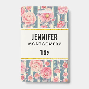 Pink Watercolor Flowers on Stripes ID Badge