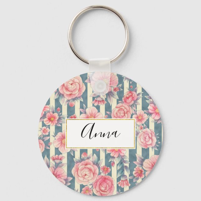 Pink Watercolor Flowers on Stripes Key Ring (Front)